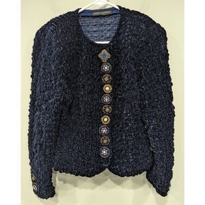 Marie-Martine Paris Blue Crinkle Jeweled Button Cardigan Size Small